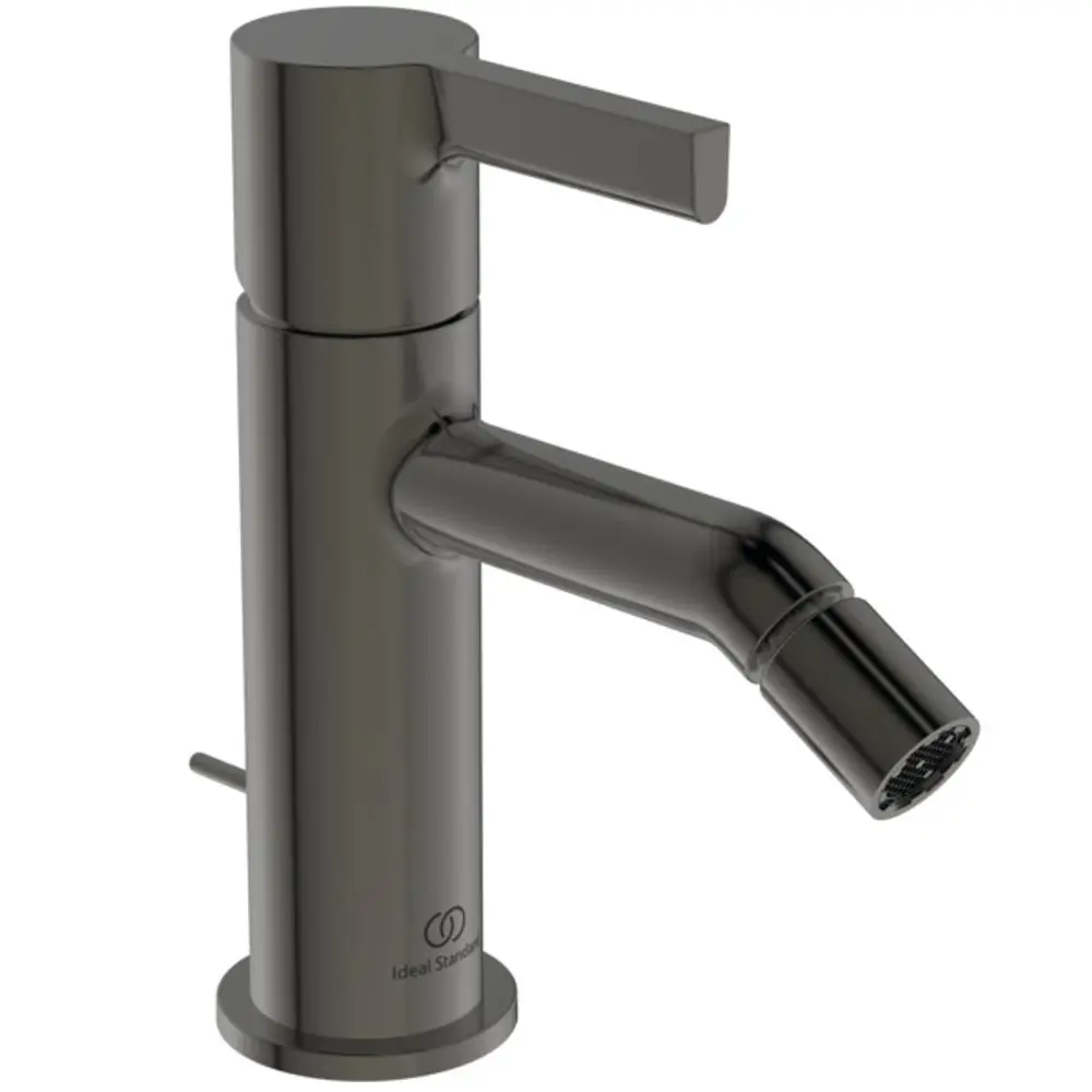 Bidetarmatur in Metallic-Grau mit seitlichem Hebel von Ideal Standard. Der Auslauf hat eine bogenförmige Gestaltung.